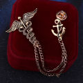 Vintage Zodiac Snake Men's Angel Wings Ceduceus with Anchor Lapel Chain Brooch. 