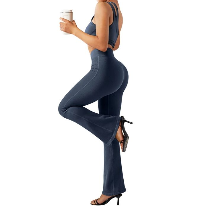 Flared%20Leggings%20Ribbed%20Crossover%20V%20Waist%20Women's%20Yoga%20Pants%20Control%20Tummy%20High%20Waist%20Wide%20Leg%20Pants%20Casual%20Flare%20Pants%20Female%20-%20Image%202