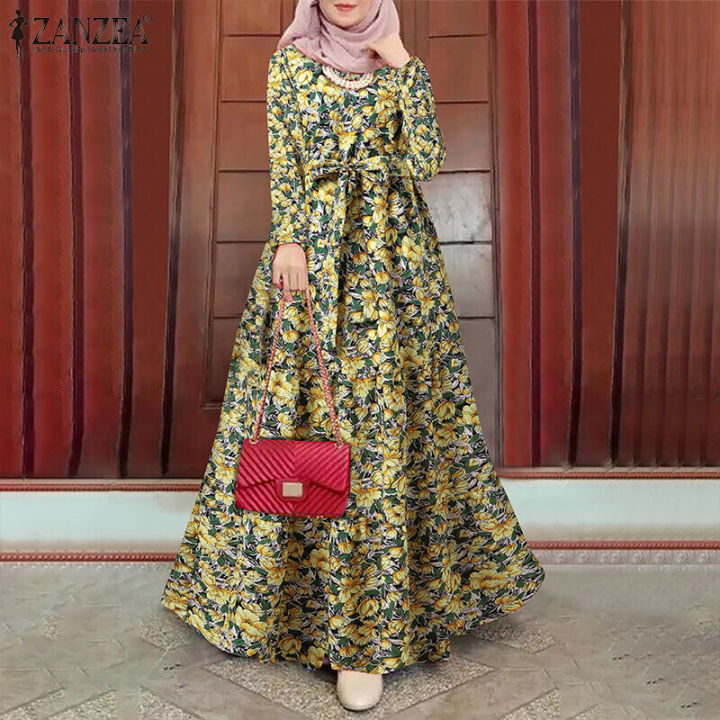 ZANZEA%20Muslimah%20Women%20Muslim%20Long%20Sleeve%20Belted%20Waist%20Floral%20Kaftan%20Outing%20Loose%20Maxi%20Dress%20-%20Image%202
