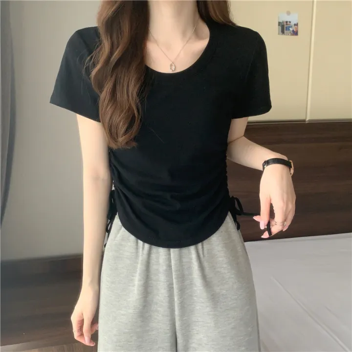 Design%20Sense%20Small%20Shoulder%20Short%20Sleeve%20T%20T-shirt%20Women's%20Summer%20New%20Korean%20Drawstring%20Short%20Hot%20Girl%20Unique%20Chic%20Top%20-%20Image%203