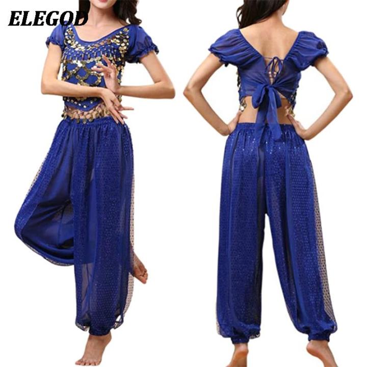 Ladies Belly Dance Costume Set Sequin Crop Top+Harem Pants Outfit Set Oriental Indian Dance Arabic Halloween Goddess Costumes