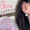 6Pcs/set Korean Style Advanced Exquisite Pink Crystal Heart Stud Earrings Y2K Sweet Cool Aesthetic Women Girls Four-pointed Star Earring Party Jewelry. 