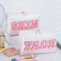 Cute Travel Chenille Varsity FACE Letter Makeup Bag Preppy Patch Cosmetic Pouch for Teens Girls Women Toiletry Storage Organizer.