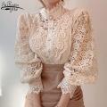 Chic Button Hollow Out Flower Lace Patchwork Shirt Stand Collar All-match Femme Blusas Petal Sleeve Women Blouses 12419.