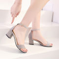 2019 summer new sandals with buckle heels, hollow open toe Korean version trend block heel women's shoes.