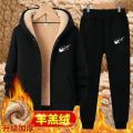 Autumn and Winter Cashmere Large Size Sports Suit Men's Loose Cardigan Hooded Coat Casual Fleece and Thick Two-Piece Suit. 