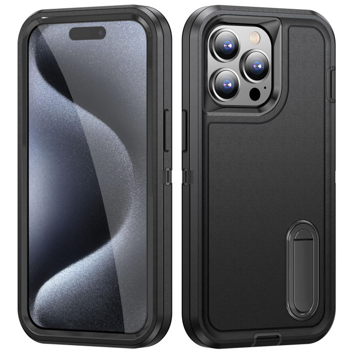 3 In 1 Full Cover Shockproof Phone Case With Stand For iPhone 15 Pro Thick Hard Phone Casing Contrasting Colors Fashion Phone Cover Shell