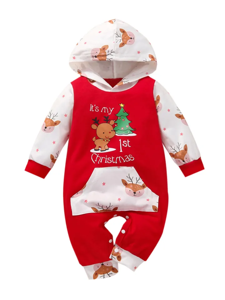Unisex Baby Christmas Printed Romper, Long Sleeve Hooded Jumpsuit