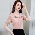 Summer New Women's Chiffon Shirt Women's Short Sleeve Col Claudine Top Elegant Korean Style Loose Undershirt. 