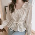 Women cute sweet peplum top slim waist a line belly design preppy style girls pink white button shirts blouses cotton D217.