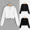 Casual White Crop Top Jacket Women Casual Solid Long Sleeve Zipper Pocket Shirt Hooded Sweatshirt Tops Hoodies Female Ropa Mujer.