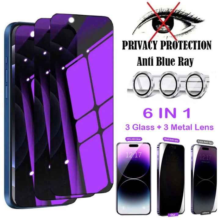 6in1 [3Pcs Privacy Safe Glass + Metal Camera Lens] Anti-blue Ray Screen Protector For iPhone 11 12 13 Mini 14 15 Plus Pro Max