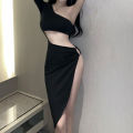 【Upgrade Your Style】 Hollow disco, slimming, European and American style slit dress, climax, irregular skirt, exposed legs, bar, exposed waist, nightclub. 