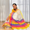 Fashionable Trendy Rongdhonu Saree for Women - White and Rainbow Print, All-Season, Casual Wear. 