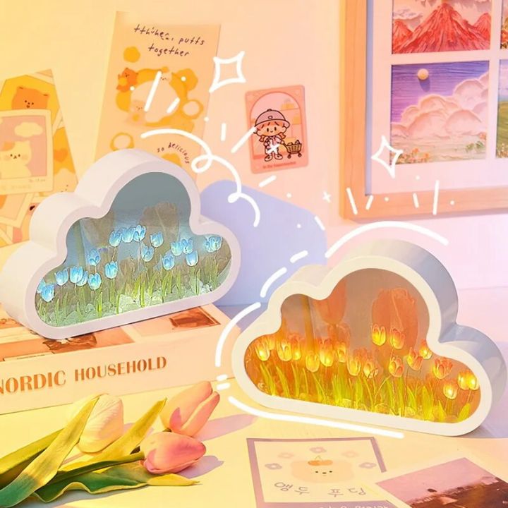 Diy Cloud Tulip Night Light Handmade Led Mirror Lamp Home Desktop Decoration 2 In1 Tulips Flowers Mirror For Children Girl Gifts
