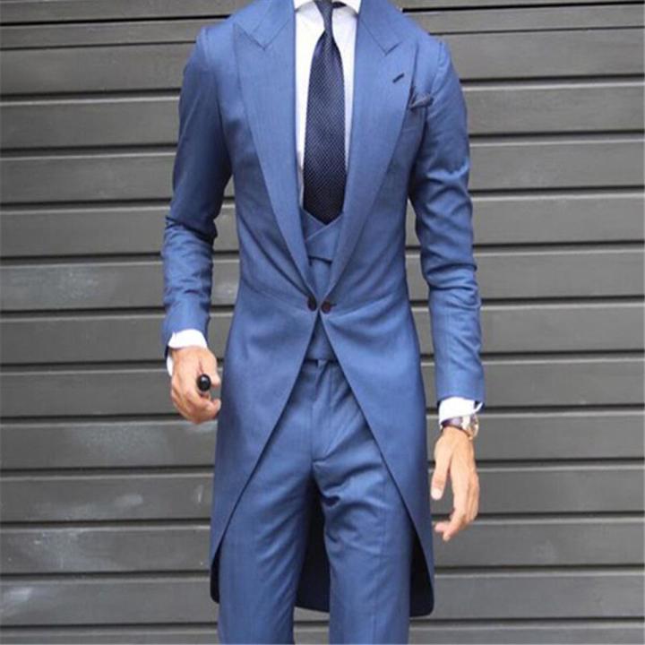 Long Coat Blue Wedding Suits For Men 3Pcs(Jacket+Pants+Vest+Tie