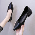 Women Pumps Shoes Office Lady Med Square Heel Pointy Toe Slip On Work Shoes Classic Heel 4 cm. 