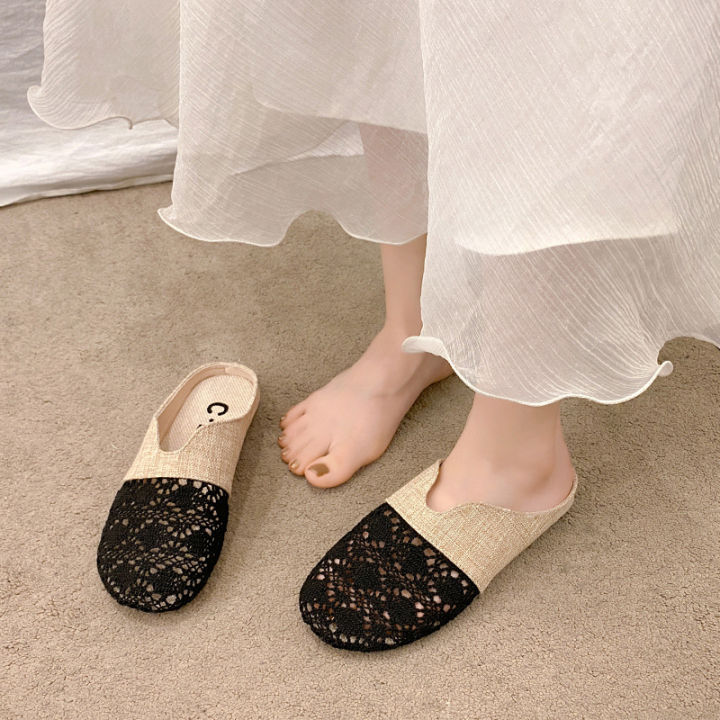 Retro%20Baotou%20Half%20Slippers%20Women's%20Summer%20Wear%202024%20New%20Hollow%20Lace%20Flat%20Bottom%20One%20Foot%20Slippery%20Linen%20Sandals%20-%20Image%203