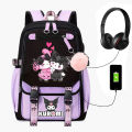 Anime Kuromi Backpack USB Patchwork Girl Boy Black Purple Schoolbag Kawaii Student School Bag Computer Large Mochilas Gift.