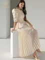 H Han Queen New Work Wear 2 Pieces A-Line Pleated Vestidos Korean Slim Vintage Dresses Elegant Fashion Summer Casual Party Dress. 