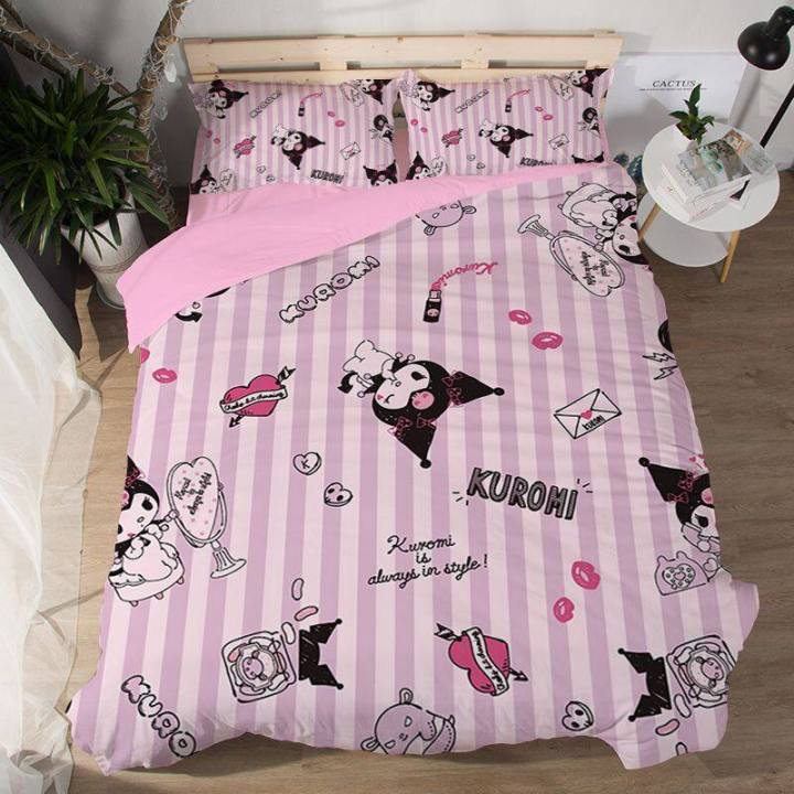 Sanrio Kawaii Kuromi Children's Skin-Friendly Four-Piece Anime Cartoon Bed Sheet Quilt Cover Dormitory Single Bed Home Textiles