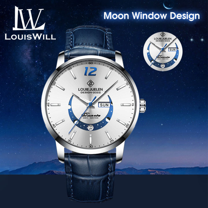 LouisWill Men Watches Gen-uine Leather Casual Fashion Business Watch Men's Fashion Watch Moon Window Watch With Panda Plate Calendar Watch Luminous Waterproof Watch Quartz Watch Belt Watch