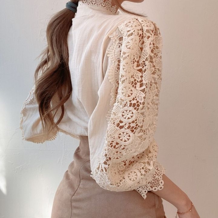 Chic%20Button%20Hollow%20Out%20Flower%20Lace%20Patchwork%20Shirt%20Stand%20Collar%20All-match%20Femme%20Blusas%20Petal%20Sleeve%20Women%20Blouses%2012419%20-%20Image%207