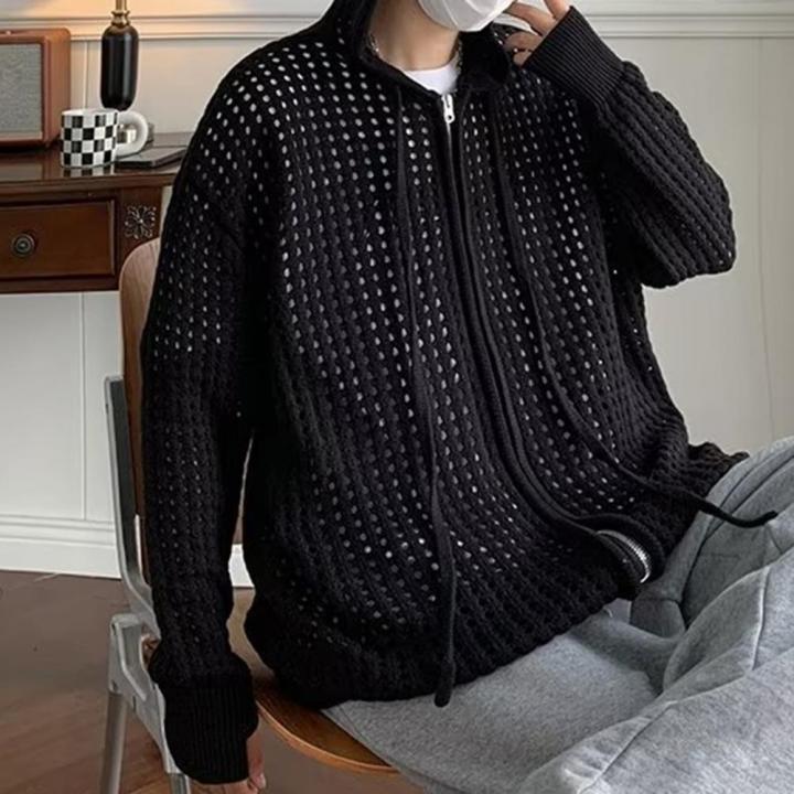 【Alien Alien】 Men Sweater Long Sleeve Zipper Closure Solid Color Hollow-out Design Super Soft Decorative Polyester Men Hooded Sweater Coat