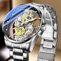 Men's Automatic Movement Watch Round Wrist Watch with Double-sided Hollow for Outside Office Business Meeting.