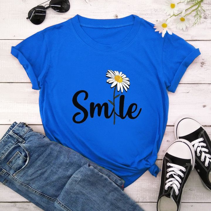 Women%20T%20Shirt%20Smile%20Daisy%20Print%20Tshirt%20Women%20Short%20Sleeve%20O%20Neck%20Loose%20T-shirt%20Ladies%20Summer%20Causal%20Tee%20Shirt%20Clothes%20-%20Image%204