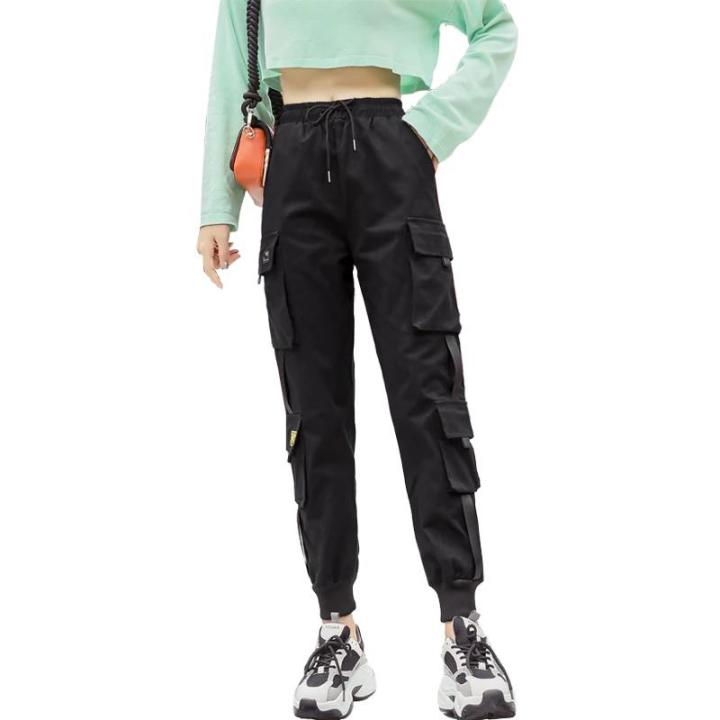 Women Fashion Streetwear Cargo Pants Black Ankle Length Elastic Waist Joggers Female Loose Trousers Casual Plus Size
