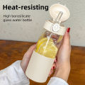 High Borosilicate Glass Water Bottle with Straw Pop-up Cover Portable Water Bottles Leak-proof Insulated Water Cup Drinkware. 