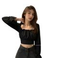 [ Four-Sided Bomb ] Niche Design Long Sleeve Black Slimming Shirt 2024 Spring and Summer Slim Fit Short Square Collar Lining. 