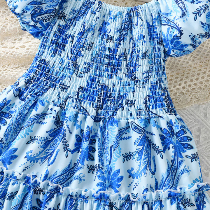 GC%20Summer%20Short%20Sleeves%20Dress%20For%20Girls%20Elegant%20Printing%20Fashion%20Ruffled%20A-line%20Skirt%20Casual%20Breathable%20Dress%20-%20Image%203