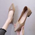 Women Pumps Shoes Office Lady Med Square Heel Pointy Toe Slip On Work Shoes Classic Heel 4 cm. 