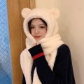 Harajuku Cute Bear Ear Scarf Hijab Hat Gloves Female One-piece Cap Winter Warm Plush Shield Streetwear Ladies Accessories. 
