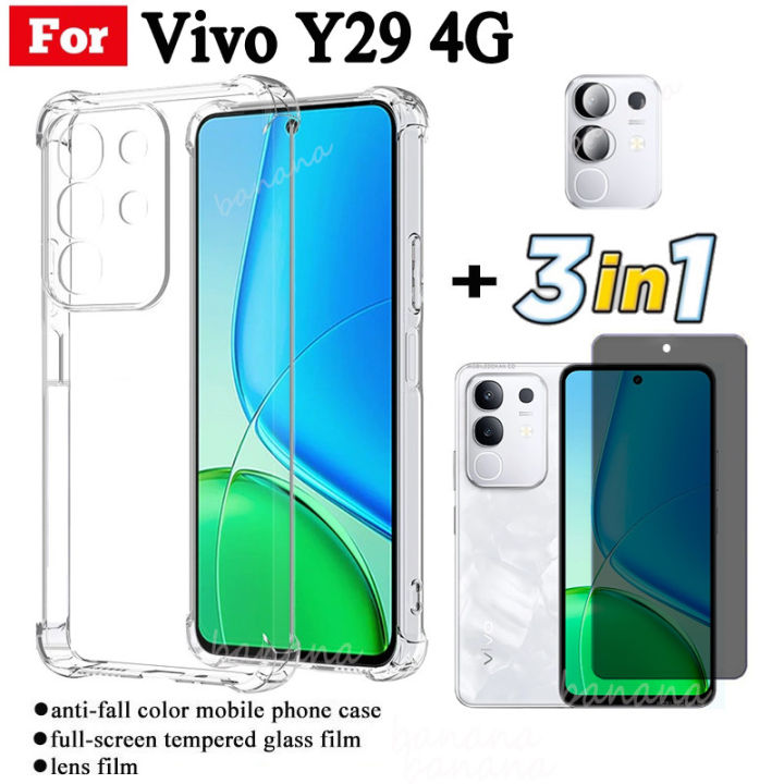 Vivo Y29 4G Shockproof Phone Case for Vivo Y29 5G Y19s Y04 Anti Spy Privacy Full Coverage Tempered Glass Screen Protector and Lens Film
