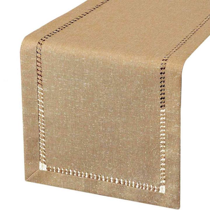 Hand Hemstitched Dining Table Runner Dresser Scarves, Silver Thread Interweaving (Dark Beige, 12 x 72 Table Runners)