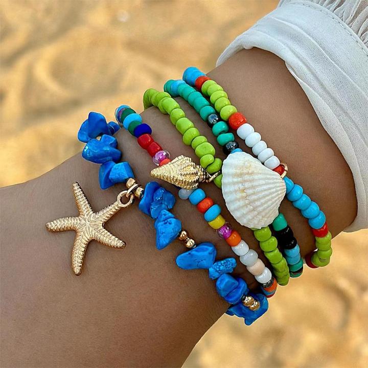 Blue 5pc/set Starfish Shell Ocean Conch Party Girls Casual Cute Trendy Bead Bohemia Bracelets For Women Bracelets Female Jewelry