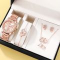 6PCS Set Rose Gold Luxury Watch Women Ring Necklace Earring Rhinestone Fashion Wristwatch Casual Ladies Bracelet Watches. 