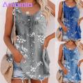 Amamia Denim Blouse Arc Hem Sleeveless Floral Print Denim Blouse.