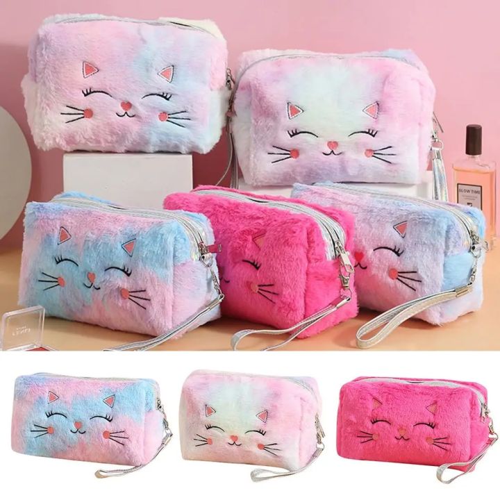 Cartoon Plush Cat Cosmetic Bag Women Colorful Makeup Pouch Portable Toiletry Bag Travel Organizer Female Beauty Case