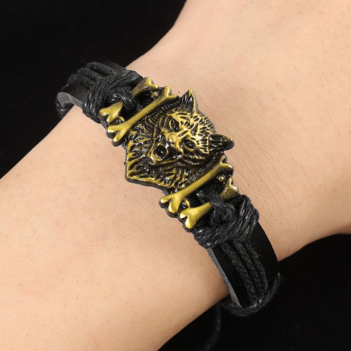 Hip Hop Rock Band Bracelet Steampunk Band Symbol Adjustable Wolf Head Charm Leather Bracelets Men Women Collection