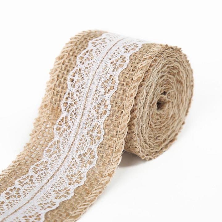 Yfashion Jute Cloth Roll with White Lace Craft for e Decoration Packaging 2M/Roll