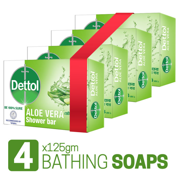 Dettol Soap Aloe Vera Quad Pack (125gm X 4), Bathing Bar Soaps with Aloe Vera Extract