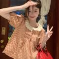 Shirt Women's Summer New Korean Style Versatile Sweet Style Lace Doll Stitching Plaid Slimming Short Sleeve Top.