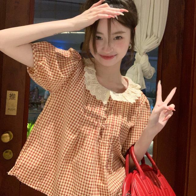 Shirt Women's Summer New Korean Style Versatile Sweet Style Lace Doll Stitching Plaid Slimming Short Sleeve Top