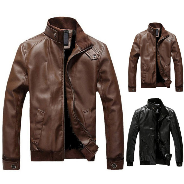 Men Motorcycle Jacket Stand Collar Pure Color Pockets Coat