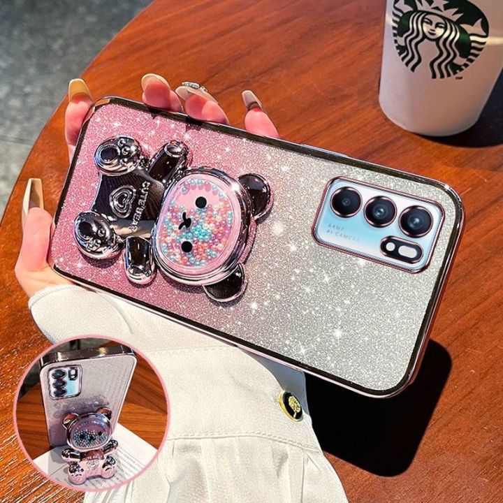 For OPPO A16 A16e A16k Back Cover case with Gradient 3D Bear Folding Stand Bracket Luxury Slim 6D Plating Glitter Girls Phone Case Clear Soft Silicone Protective Cases Pouch