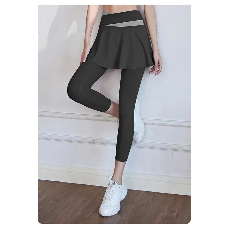 Fitness Yoga Pants With Skirt Women Two Pieces Sport Legging Gym